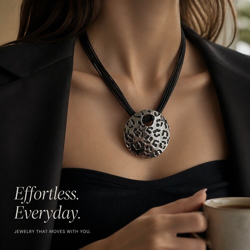 Black Multi-Strand Cord Necklace with Textured Hammered Round Pendant